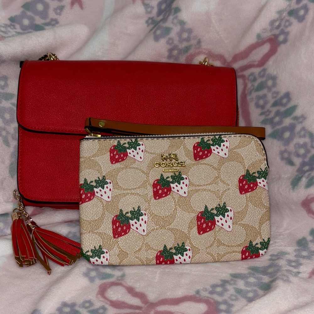 Coach Red and Tan Strawberry Print Wristlet